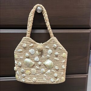 Beige Shell-Embellished Shoulder Bag